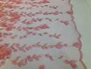 Flower 3D Fabric - Peach - Embroided Fabric Flower Pearls and Leaf Decor Sold by The Yard