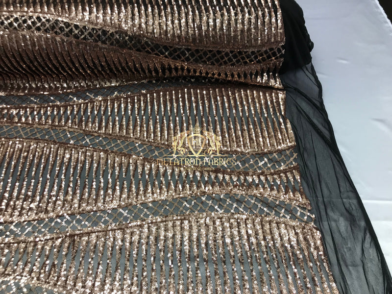 4 Way Stretch - Black And Gold - Horizontal Line Design Sequins On Stretch Mesh By The Yard