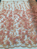 Flower 3D Fabric - Pink - Embroided Fabric Flower Pearls and Leaf Decor Sold by The Yard