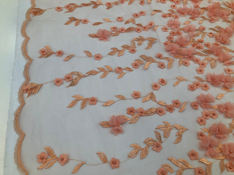 Flower 3D Fabric - Pink - Embroided Fabric Flower Pearls and Leaf Decor Sold by The Yard