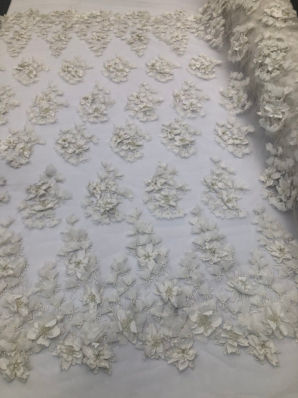 Floral 3D - Ivory Beaded Embroided Pattern with Pearls High Quality Fabric Sold by The Yard