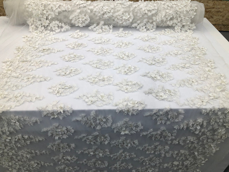 Floral 3D - Ivory Beaded Embroided Pattern with Pearls High Quality Fabric Sold by The Yard