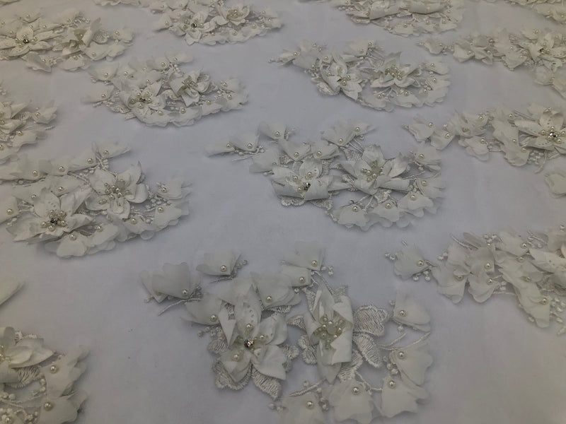 Floral 3D - Ivory Beaded Embroided Pattern with Pearls High Quality Fabric Sold by The Yard