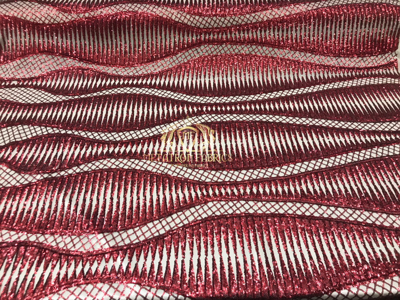 4 Way Stretch - Burgundy - Horizontal Line Design Sequins On Stretch Mesh By The Yard