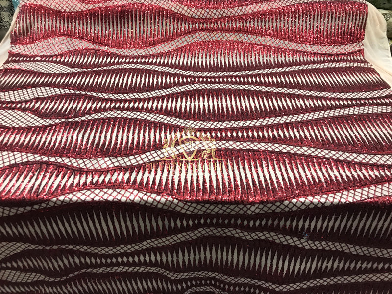 4 Way Stretch - Burgundy - Horizontal Line Design Sequins On Stretch Mesh By The Yard