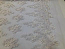Floral 3D - Off-White Beaded Embroided Pattern with Pearls High Quality Fabric Sold by The Yard