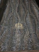 4 Way Stretch - Silver and Nude Mesh - Horizontal Line Design Sequins On Stretch Mesh By The Yard
