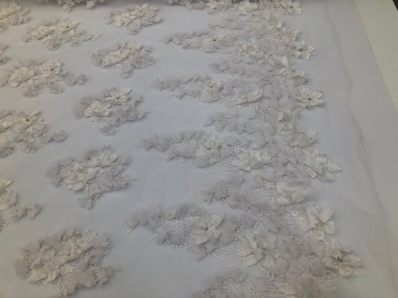Floral 3D - Off-White Beaded Embroided Pattern with Pearls High Quality Fabric Sold by The Yard