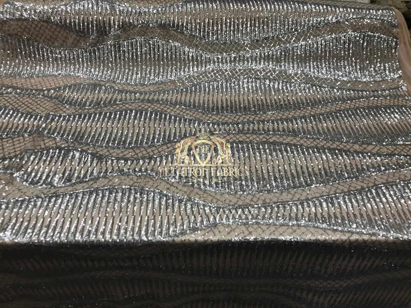 4 Way Stretch - Silver and Nude Mesh - Horizontal Line Design Sequins On Stretch Mesh By The Yard