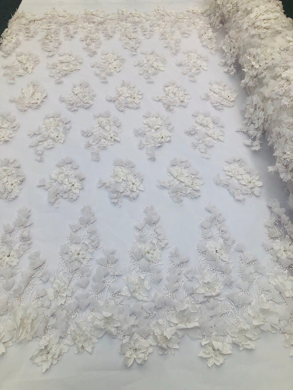 Floral 3D - Off-White Beaded Embroided Pattern with Pearls High Quality Fabric Sold by The Yard