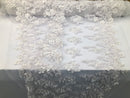 Floral 3D - Off-White Beaded Embroided Pattern with Pearls High Quality Fabric Sold by The Yard