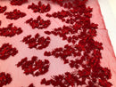 Floral 3D - Red Beaded Embroided Pattern with Pearls High Quality Fabric Sold by The Yard