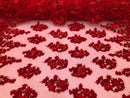 Floral 3D - Red Beaded Embroided Pattern with Pearls High Quality Fabric Sold by The Yard