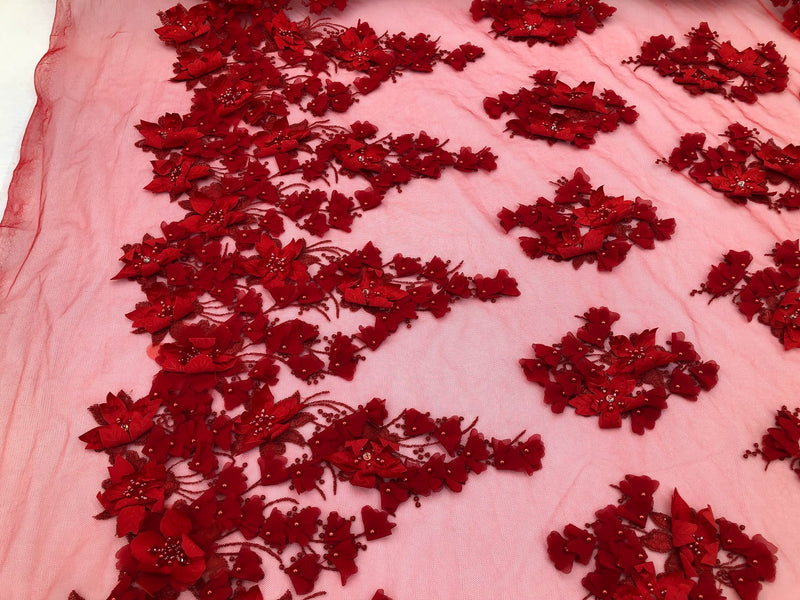 Floral 3D - Red Beaded Embroided Pattern with Pearls High Quality Fabric Sold by The Yard