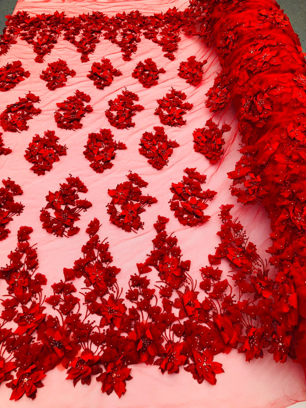Floral 3D - Red Beaded Embroided Pattern with Pearls High Quality Fabric Sold by The Yard