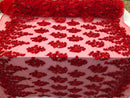 Floral 3D - Red Beaded Embroided Pattern with Pearls High Quality Fabric Sold by The Yard