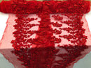 Floral 3D - Red Beaded Embroided Pattern with Pearls High Quality Fabric Sold by The Yard