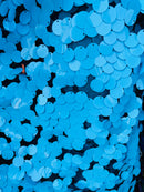 Circle Sequins - Turquoise -  Big Sequins On Mesh Fabric Sold By The Yard