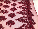 Floral 3D - Burgundy Beaded Embroided Pattern with Pearls High Quality Fabric Sold by The Yard