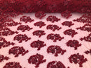 Floral 3D - Burgundy Beaded Embroided Pattern with Pearls High Quality Fabric Sold by The Yard