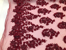 Floral 3D - Burgundy Beaded Embroided Pattern with Pearls High Quality Fabric Sold by The Yard