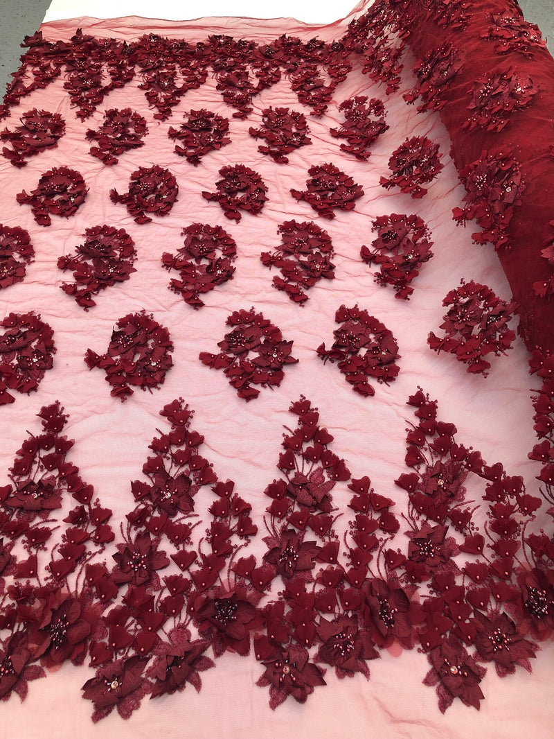 Floral 3D - Burgundy Beaded Embroided Pattern with Pearls High Quality Fabric Sold by The Yard
