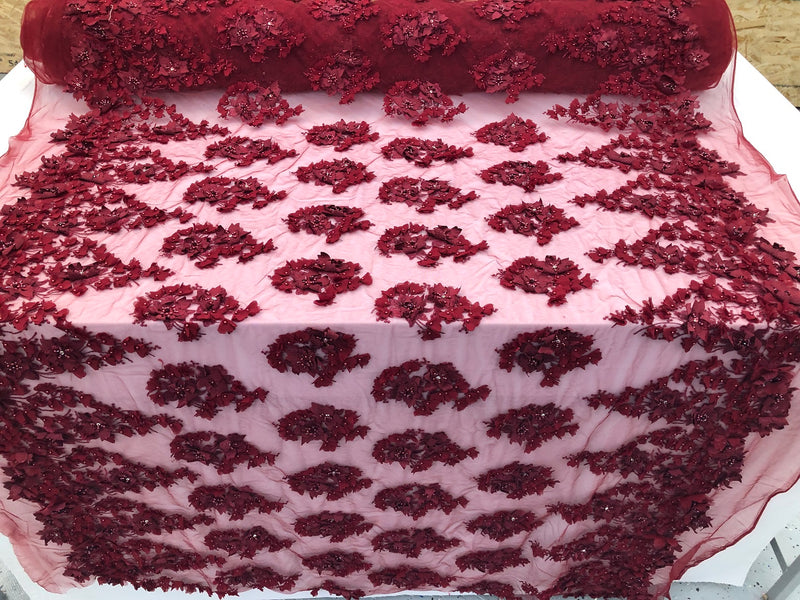 Floral 3D - Burgundy Beaded Embroided Pattern with Pearls High Quality Fabric Sold by The Yard