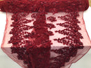 Floral 3D - Burgundy Beaded Embroided Pattern with Pearls High Quality Fabric Sold by The Yard