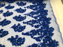 Floral 3D - Royal Blue Beaded Embroided Pattern with Pearls High Quality Fabric Sold by The Yard
