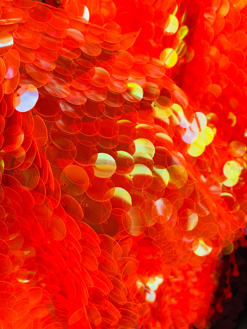 Circle Sequins - Clear Orange -  Big Sequins On Orange Mesh Fabric Sold By The Yard