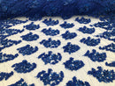 Floral 3D - Royal Blue Beaded Embroided Pattern with Pearls High Quality Fabric Sold by The Yard