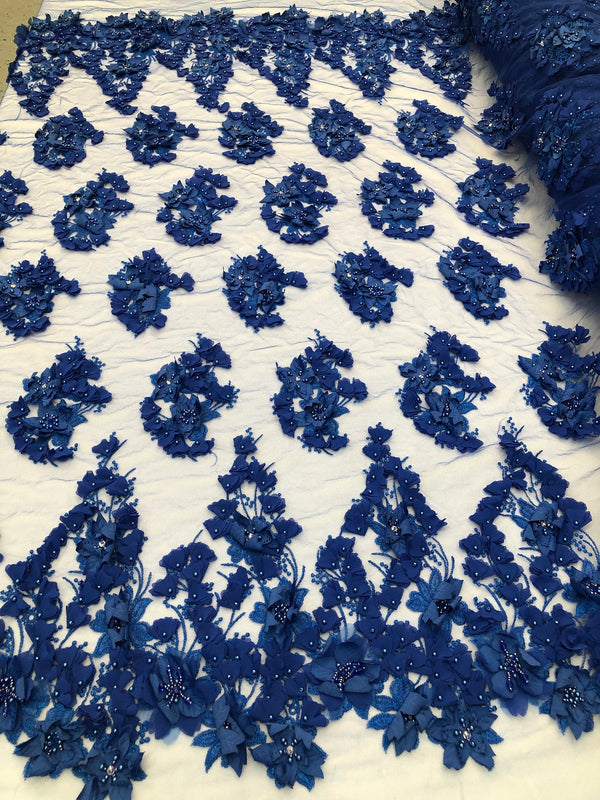 Floral 3D - Royal Blue Beaded Embroided Pattern with Pearls High Quality Fabric Sold by The Yard
