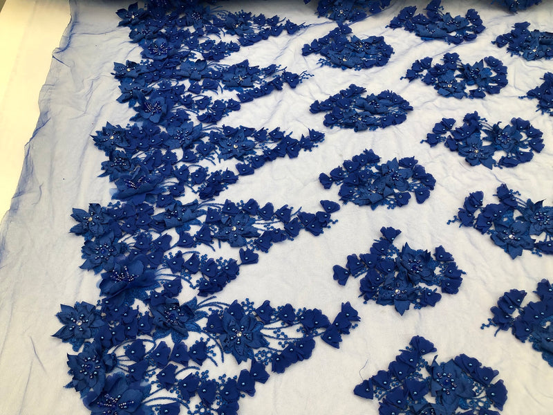 Floral 3D - Royal Blue Beaded Embroided Pattern with Pearls High Quality Fabric Sold by The Yard