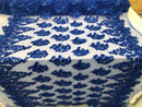 Floral 3D - Royal Blue Beaded Embroided Pattern with Pearls High Quality Fabric Sold by The Yard
