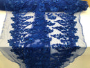 Floral 3D - Royal Blue Beaded Embroided Pattern with Pearls High Quality Fabric Sold by The Yard