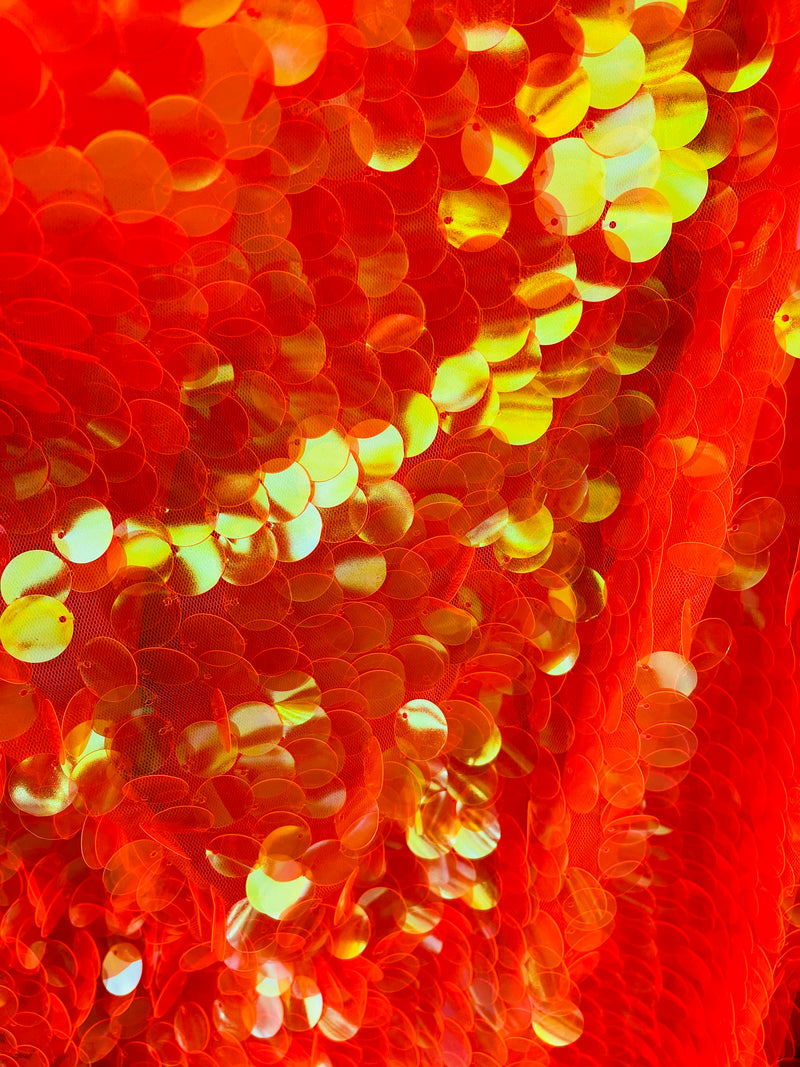 Circle Sequins - Clear Orange -  Big Sequins On Orange Mesh Fabric Sold By The Yard