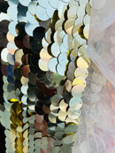 Circle Sequins - Gold/ Silver Two Tone -  Big Sequins On Mesh Fabric Sold By The Yard