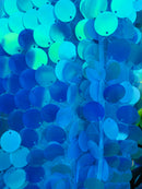 Circle Sequins - Iridescent Turquoise -  Big Sequins On Mesh Fabric Sold By The Yard