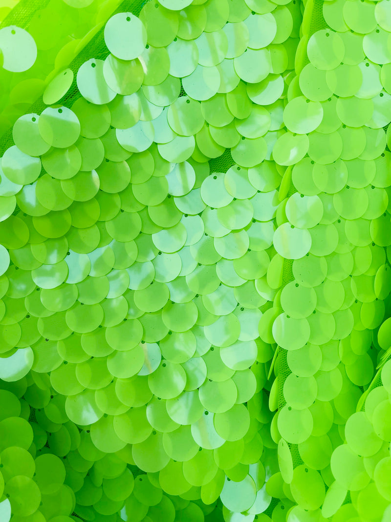 Circle Sequins - Lime Green -  Big Sequins On Mesh Fabric Sold By The Yard