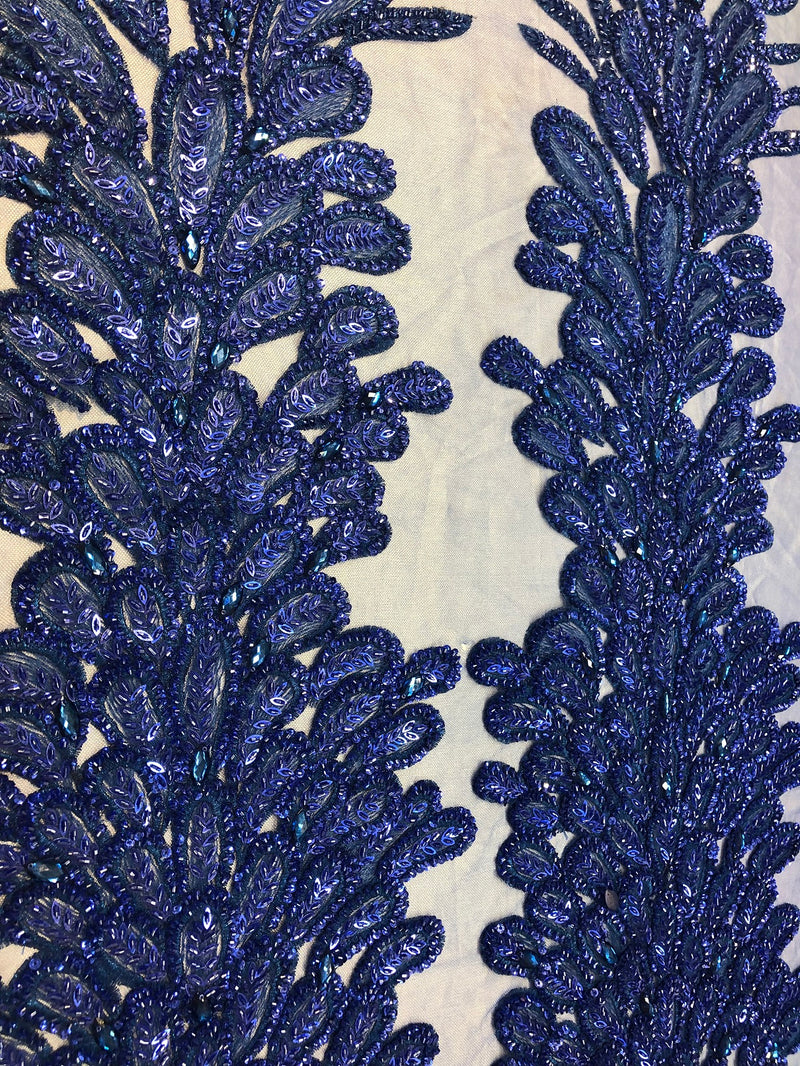Peacock Feathers Royal Blue Beaded Peacock Feathers Embroider On Mesh Dress-Prom-Gown By 2 Feathers