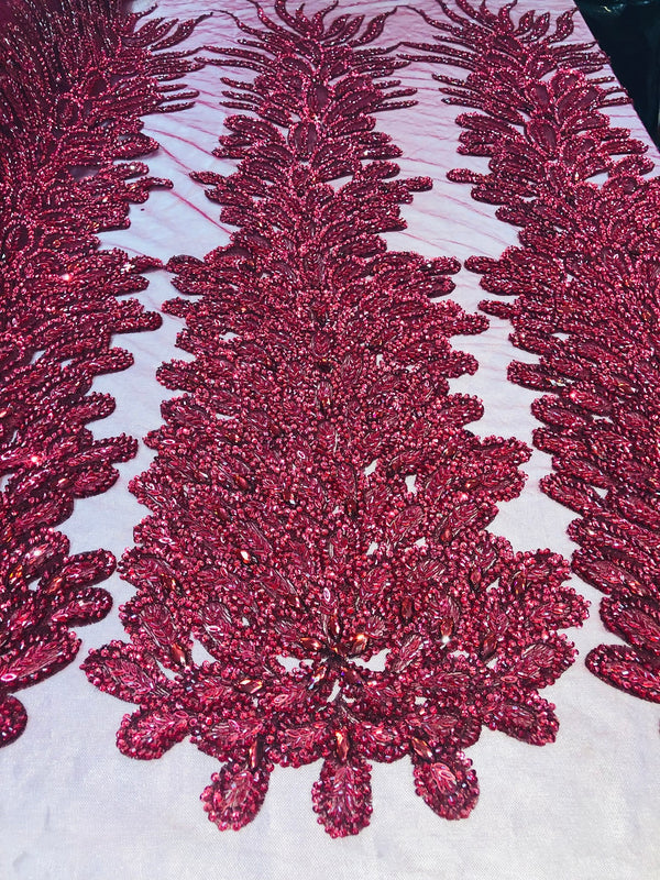 Peacock Feathers Burgundy Beaded Peacock Feathers Embroider On A Mesh Dress-Prom-Gown By 2 Feathers