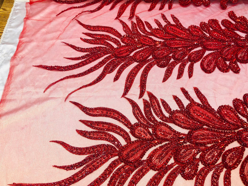 Peacock Feathers Red Beaded Peacock Feathers Embroider On A Mesh Dress-Prom-Gown By 2 Feathers
