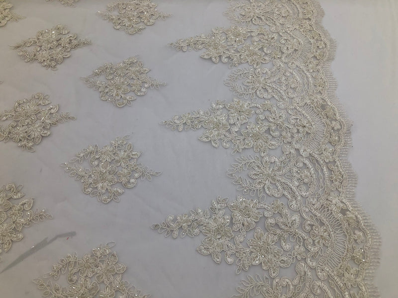 Beaded Fabric By The Yard Ivory Embroidered Pattern Beaded On A Mesh For Bridal Veil Flower Wedding