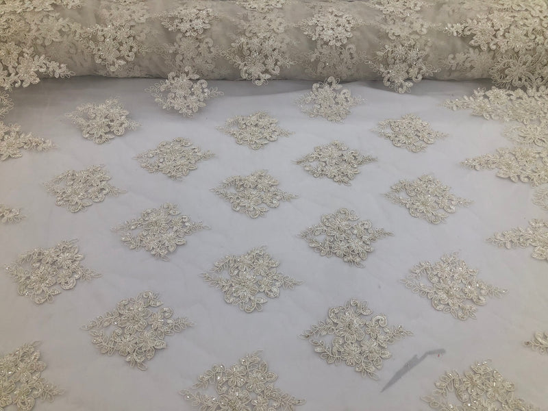 Beaded Fabric By The Yard Ivory Embroidered Pattern Beaded On A Mesh For Bridal Veil Flower Wedding