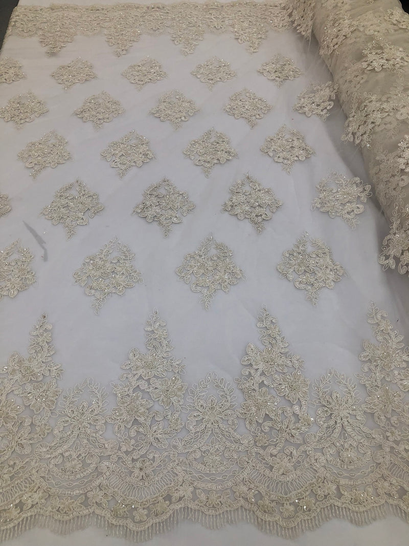 Beaded Fabric By The Yard Ivory Embroidered Pattern Beaded On A Mesh For Bridal Veil Flower Wedding