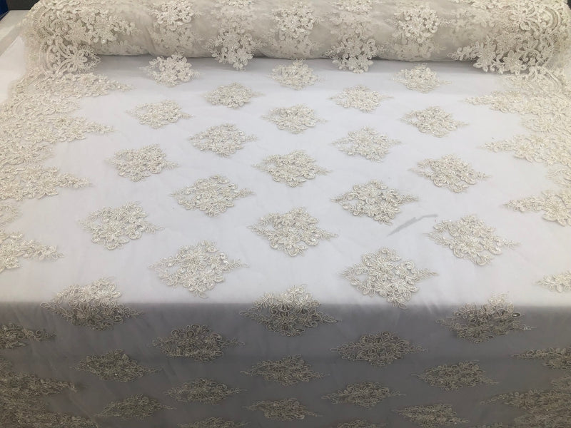 Beaded Fabric By The Yard Ivory Embroidered Pattern Beaded On A Mesh For Bridal Veil Flower Wedding