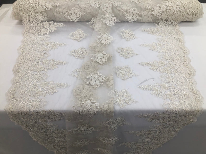 Beaded Fabric By The Yard Ivory Embroidered Pattern Beaded On A Mesh For Bridal Veil Flower Wedding