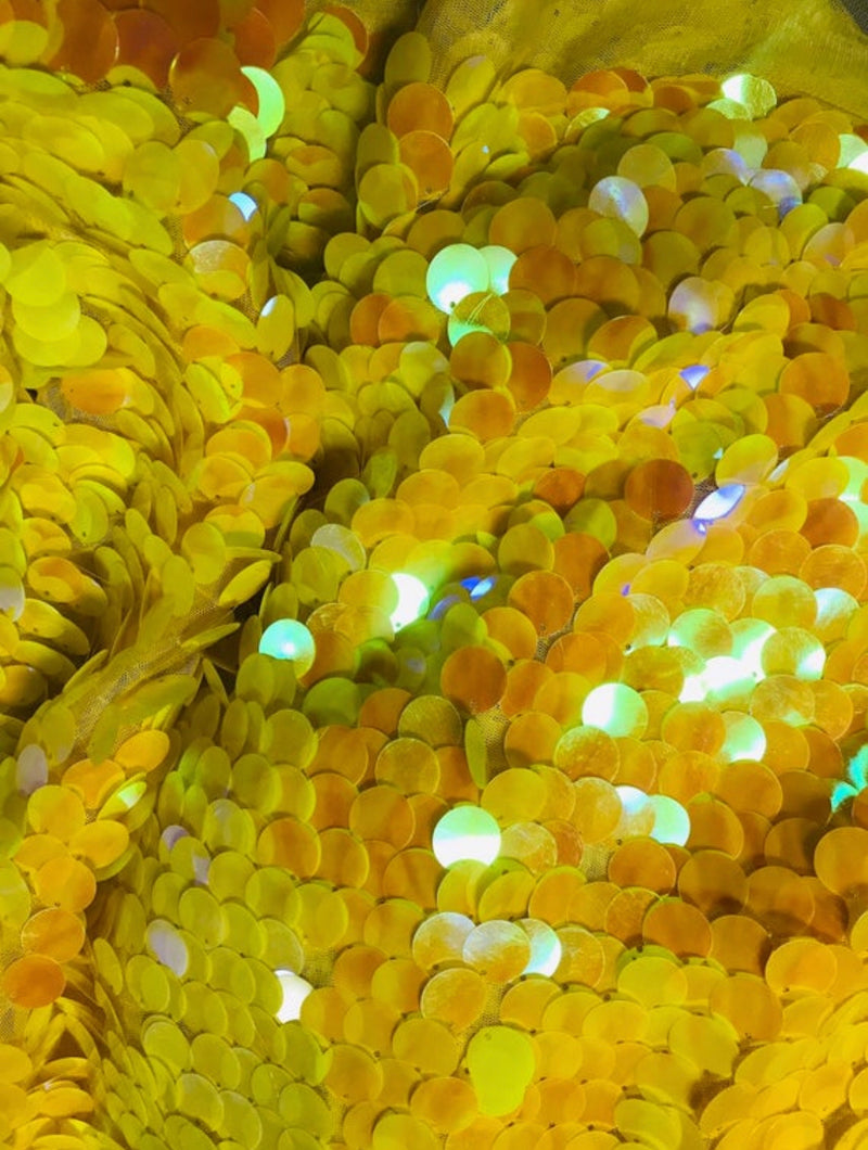 Circle Sequins - Iridescent Yellow -  Big Sequins On Orange Mesh Fabric Sold By The Yard