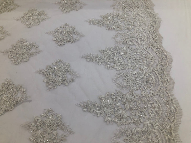Beaded Fabric By The Yard Of White Embroidered Pattern Beaded On A Mesh For Bridal Veil  Wedding