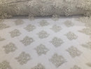 Beaded Fabric By The Yard Of White Embroidered Pattern Beaded On A Mesh For Bridal Veil  Wedding